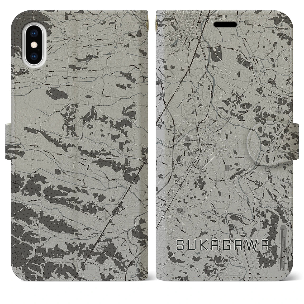 【須賀川(福島県)】地図柄iPhoneケース(手帳タイプ)モノトーン・iPhone XS Max 用
