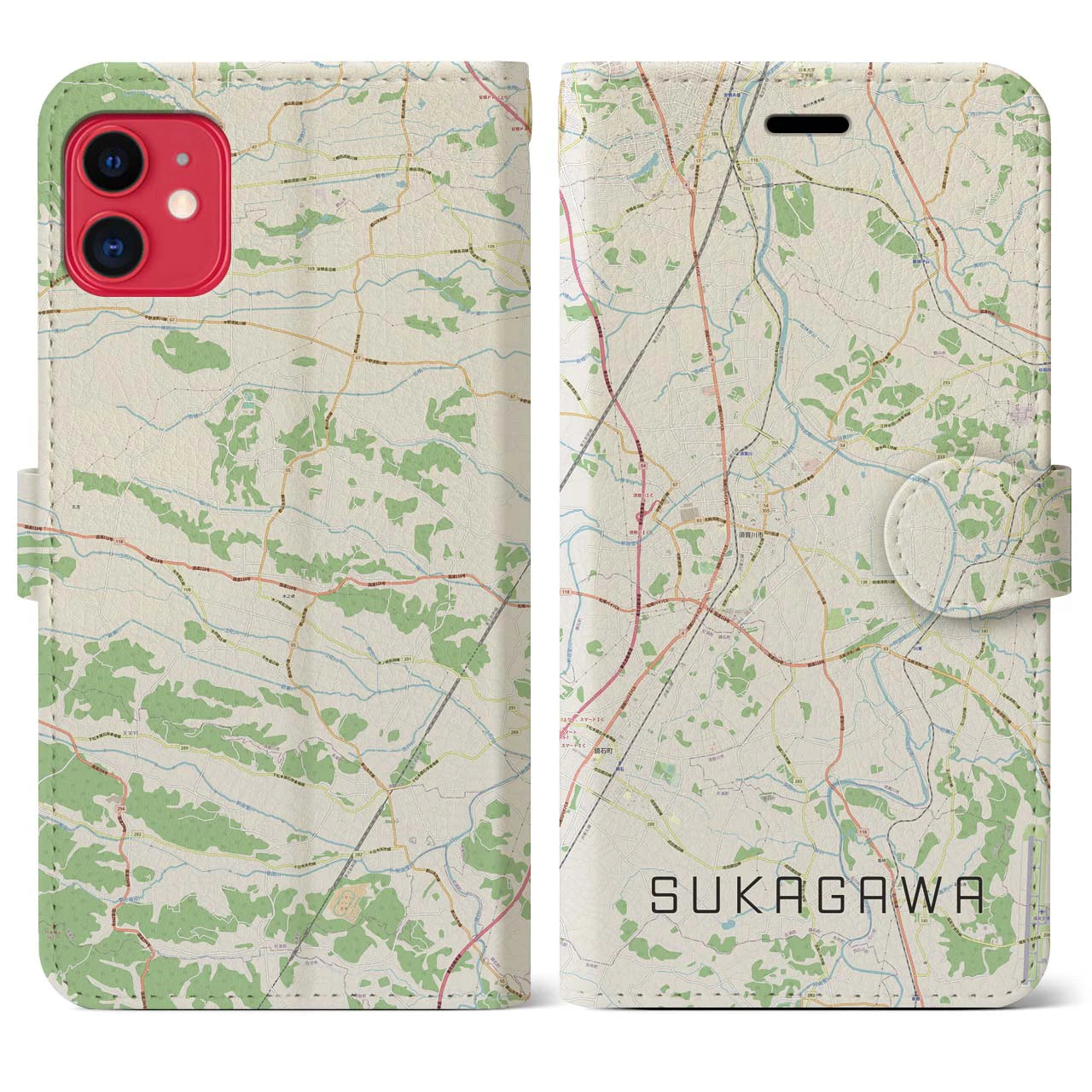 【須賀川(福島県)】地図柄iPhoneケース(手帳タイプ)ナチュラル・iPhone 11 用