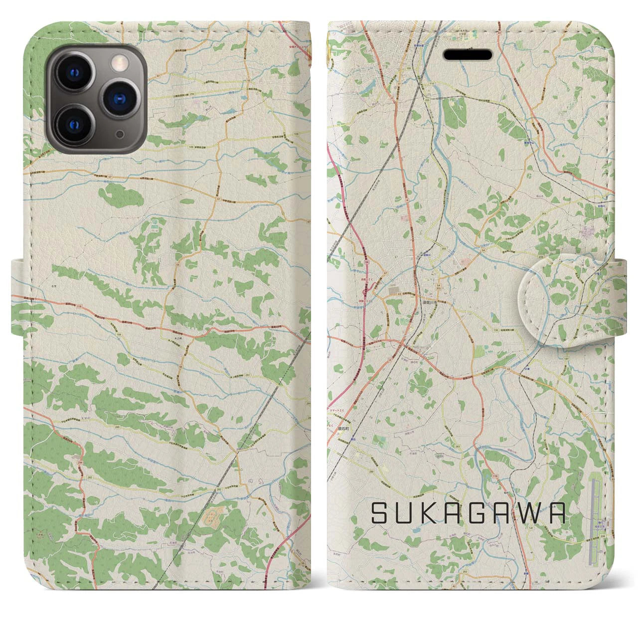 【須賀川(福島県)】地図柄iPhoneケース(手帳タイプ)ナチュラル・iPhone 11 Pro Max 用