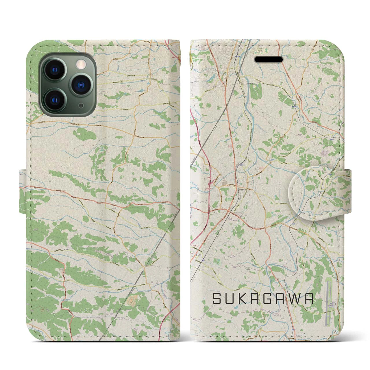 【須賀川(福島県)】地図柄iPhoneケース(手帳タイプ)ナチュラル・iPhone 11 Pro 用