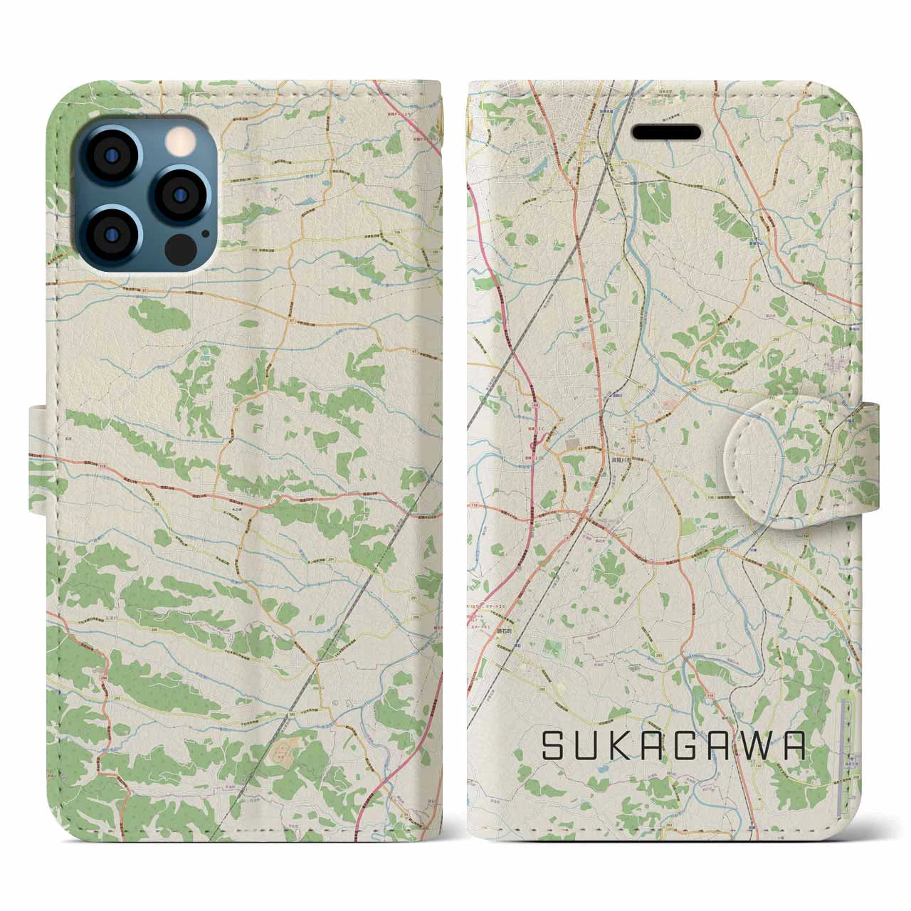 【須賀川(福島県)】地図柄iPhoneケース(手帳タイプ)ナチュラル・iPhone 12 / 12 Pro 用
