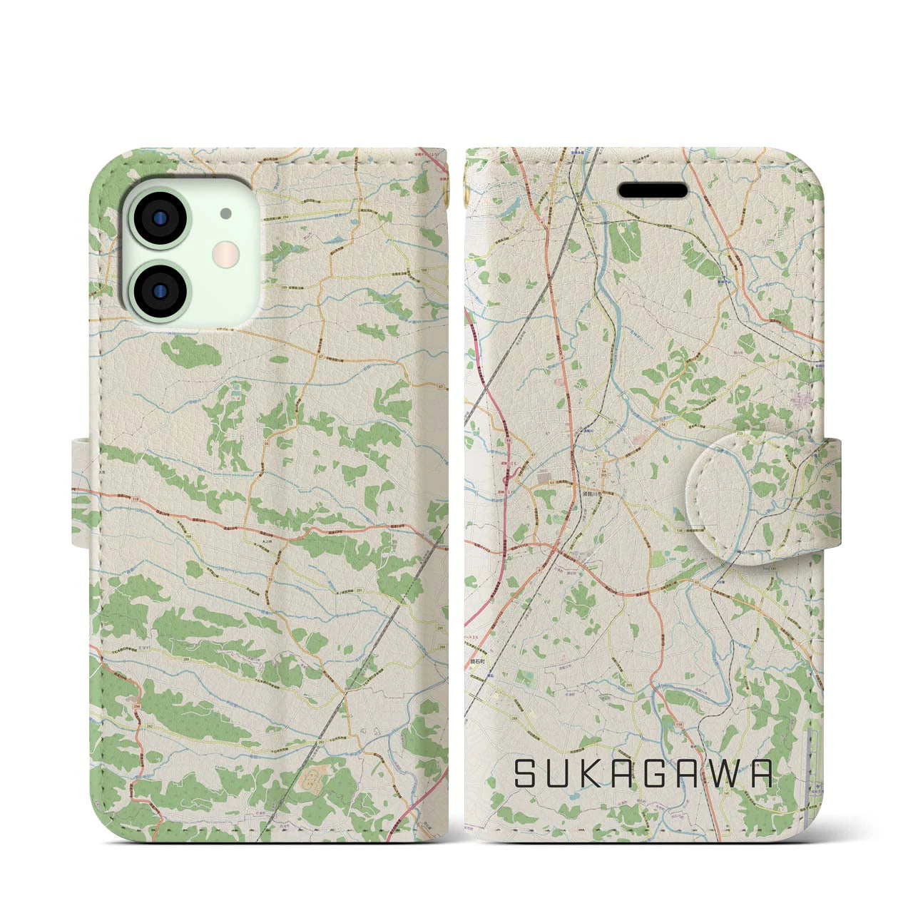 【須賀川(福島県)】地図柄iPhoneケース(手帳タイプ)ナチュラル・iPhone 12 mini 用