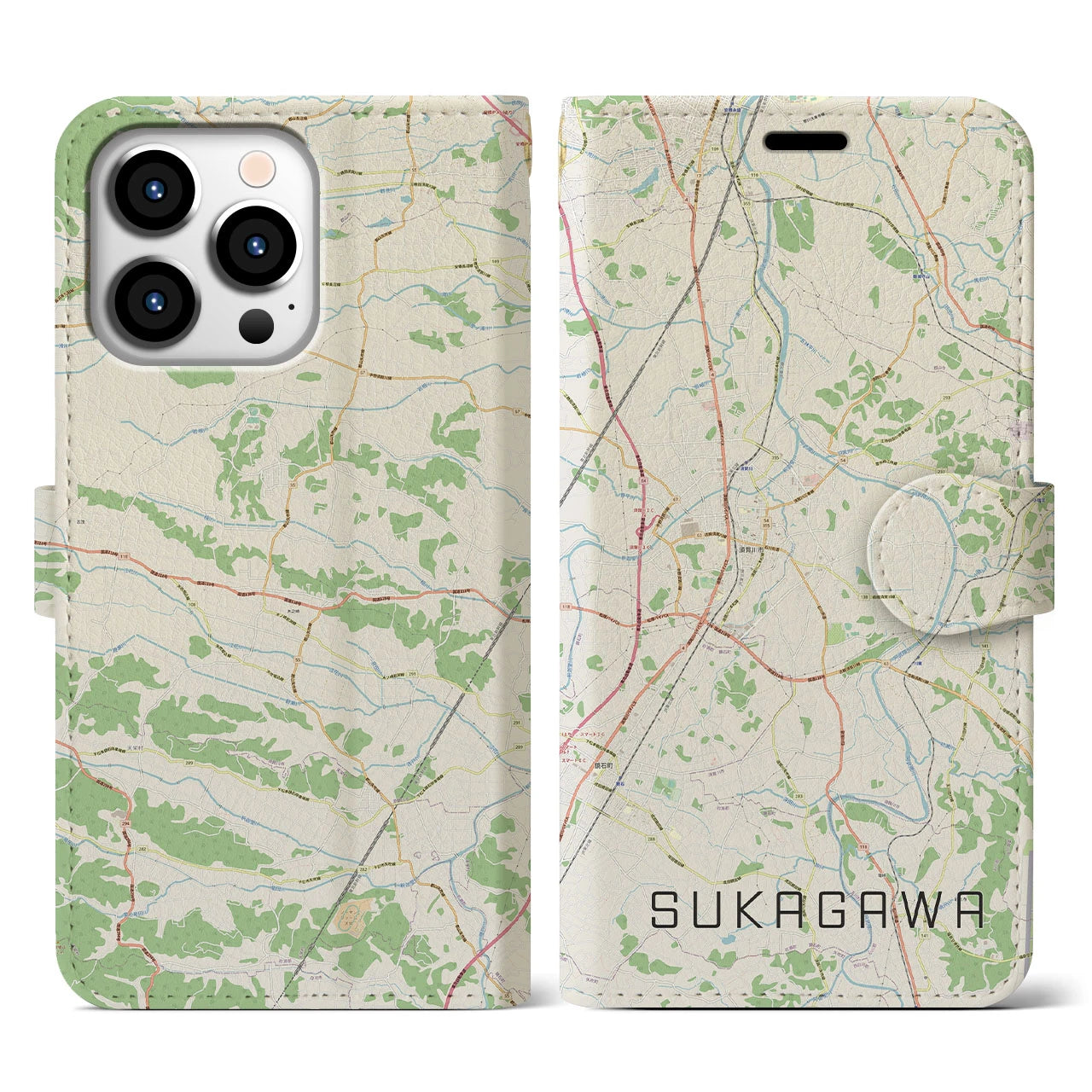 【須賀川(福島県)】地図柄iPhoneケース(手帳タイプ)ナチュラル・iPhone 13 Pro 用