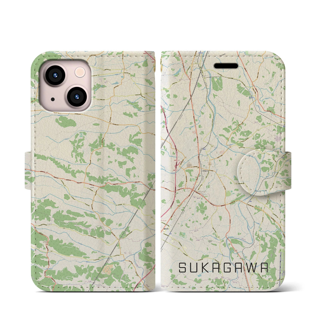 【須賀川(福島県)】地図柄iPhoneケース(手帳タイプ)ナチュラル・iPhone 13 mini 用