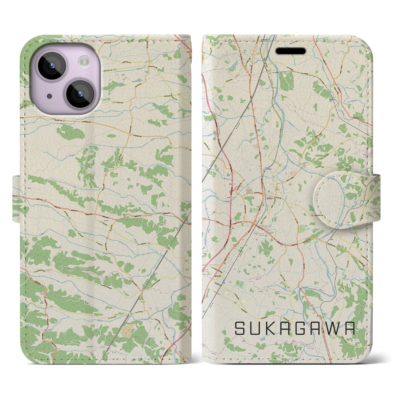 【須賀川(福島県)】地図柄iPhoneケース(手帳タイプ)ナチュラル・iPhone 14 用