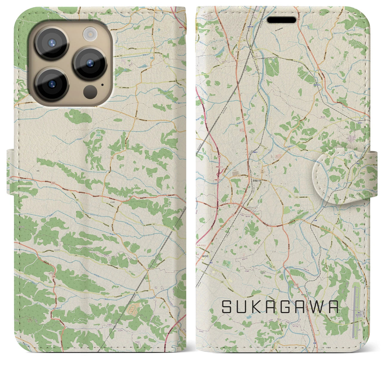 【須賀川(福島県)】地図柄iPhoneケース(手帳タイプ)ナチュラル・iPhone 14 Pro Max 用