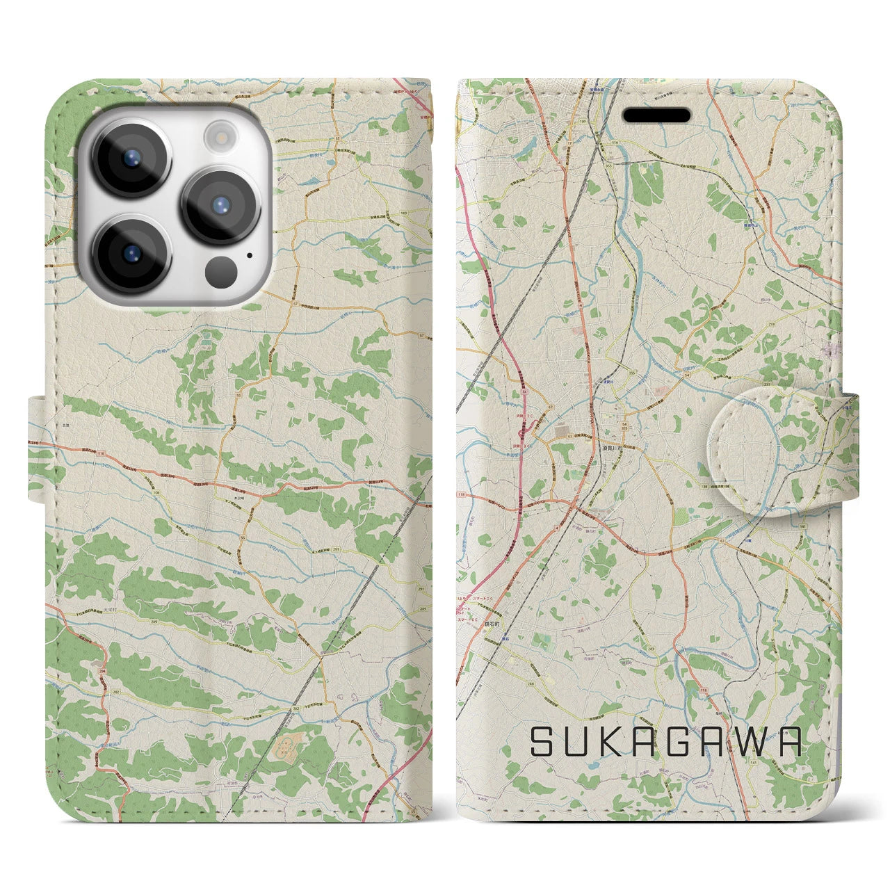 【須賀川(福島県)】地図柄iPhoneケース(手帳タイプ)ナチュラル・iPhone 14 Pro 用