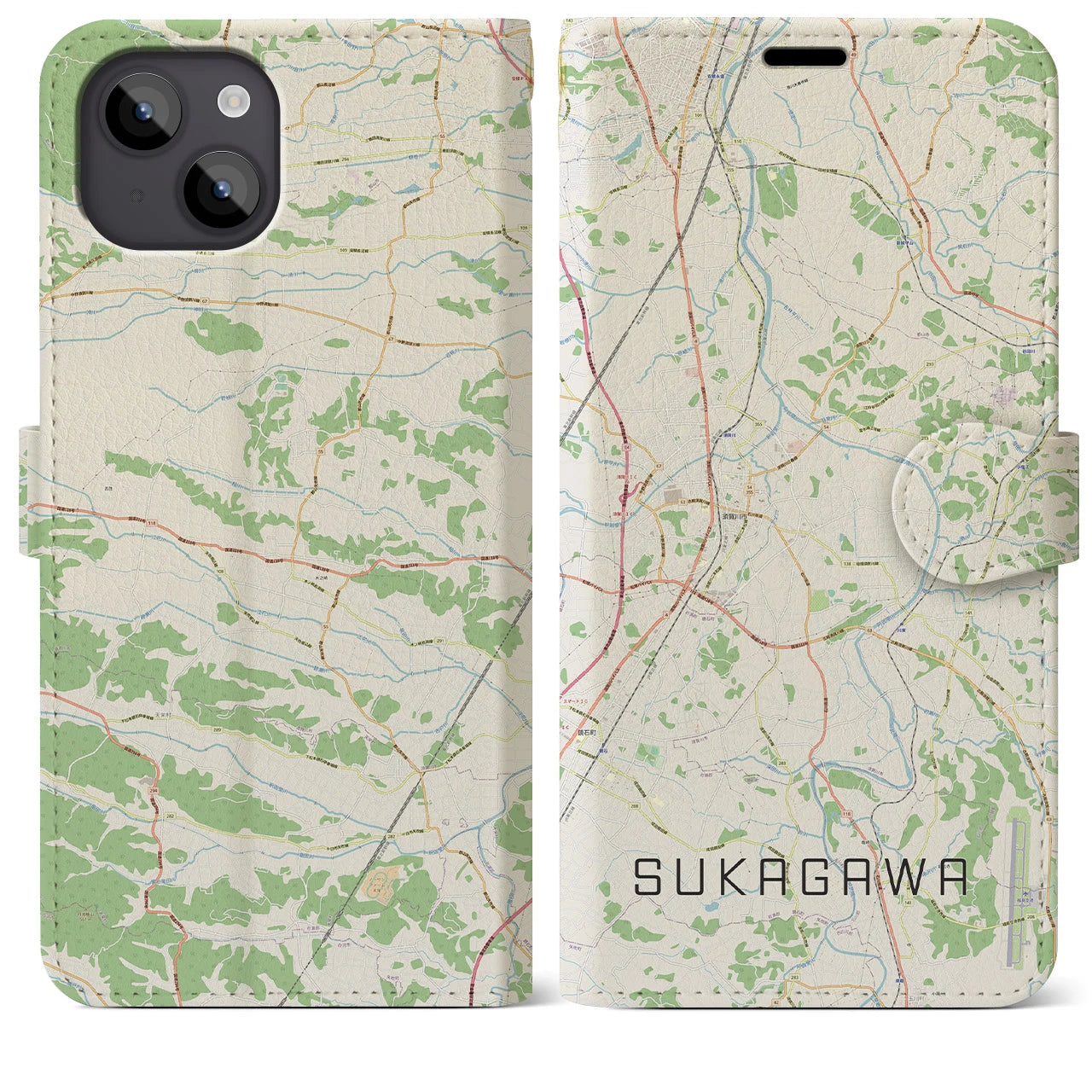 【須賀川(福島県)】地図柄iPhoneケース(手帳タイプ)ナチュラル・iPhone 14 Plus 用