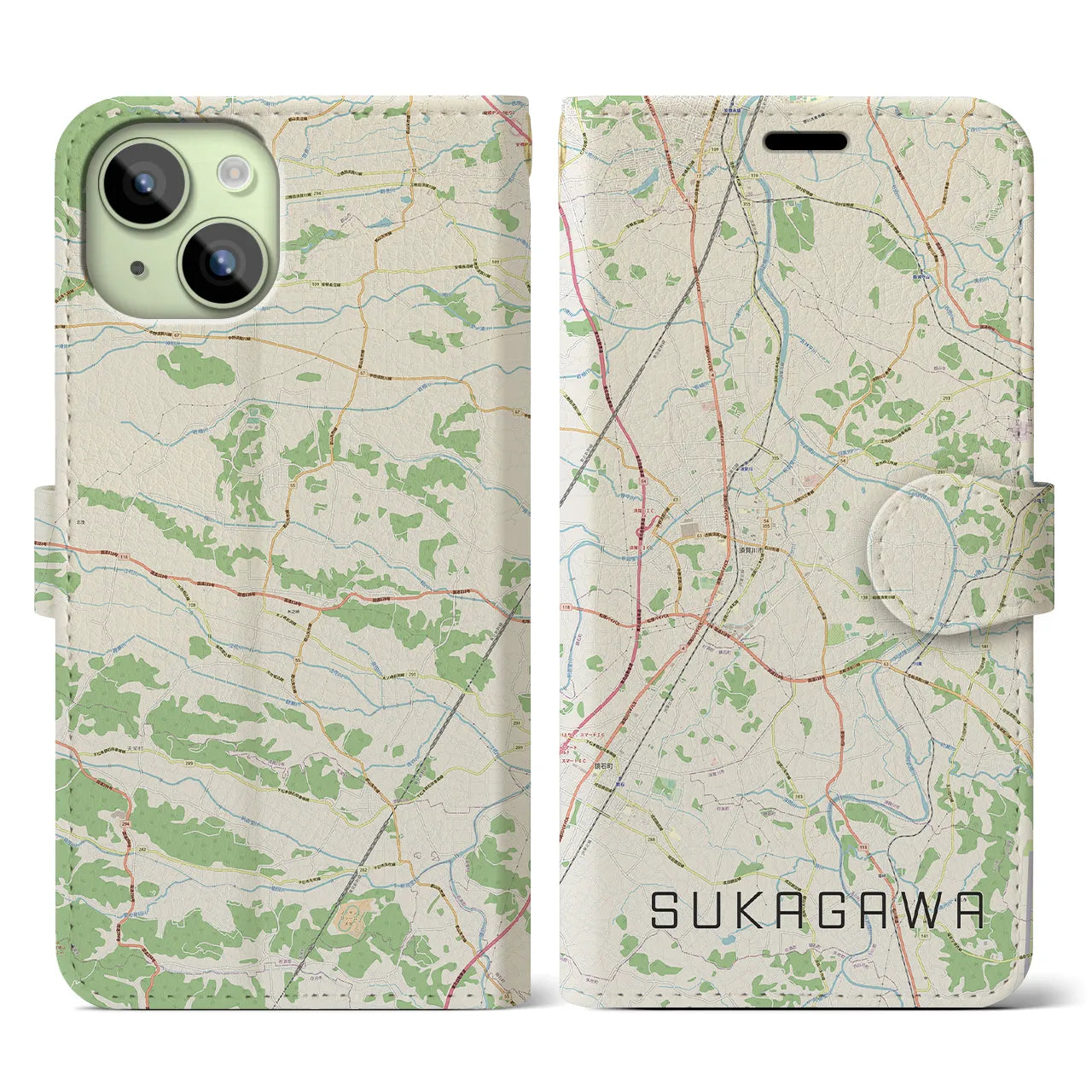 【須賀川(福島県)】地図柄iPhoneケース(手帳タイプ)ナチュラル・iPhone 15 用