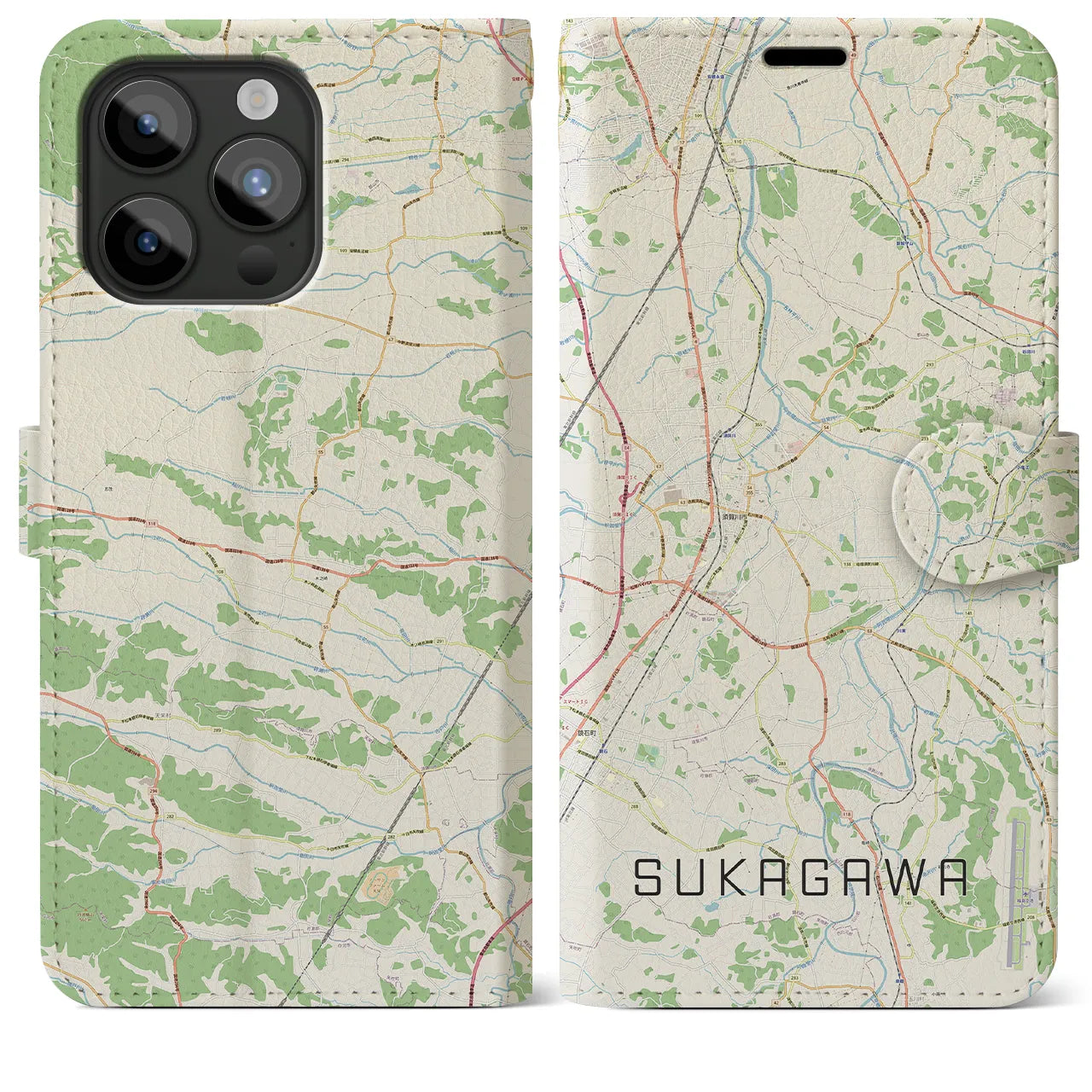 【須賀川(福島県)】地図柄iPhoneケース(手帳タイプ)ナチュラル・iPhone 15 Pro Max 用