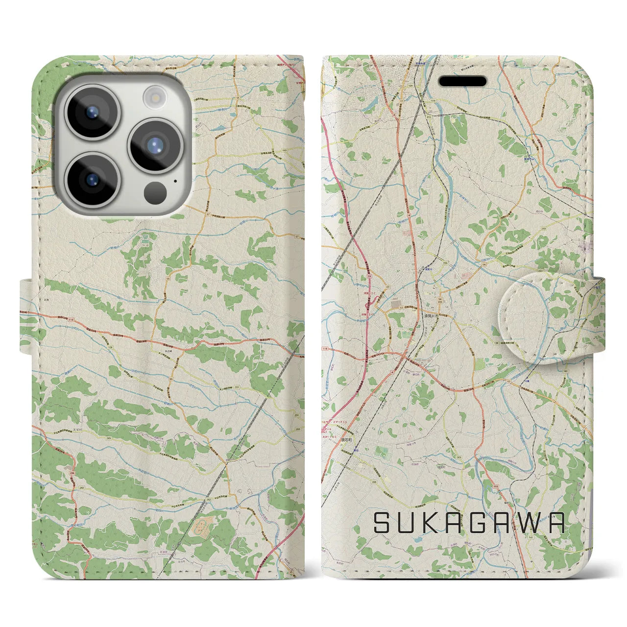 【須賀川(福島県)】地図柄iPhoneケース(手帳タイプ)ナチュラル・iPhone 15 Pro 用