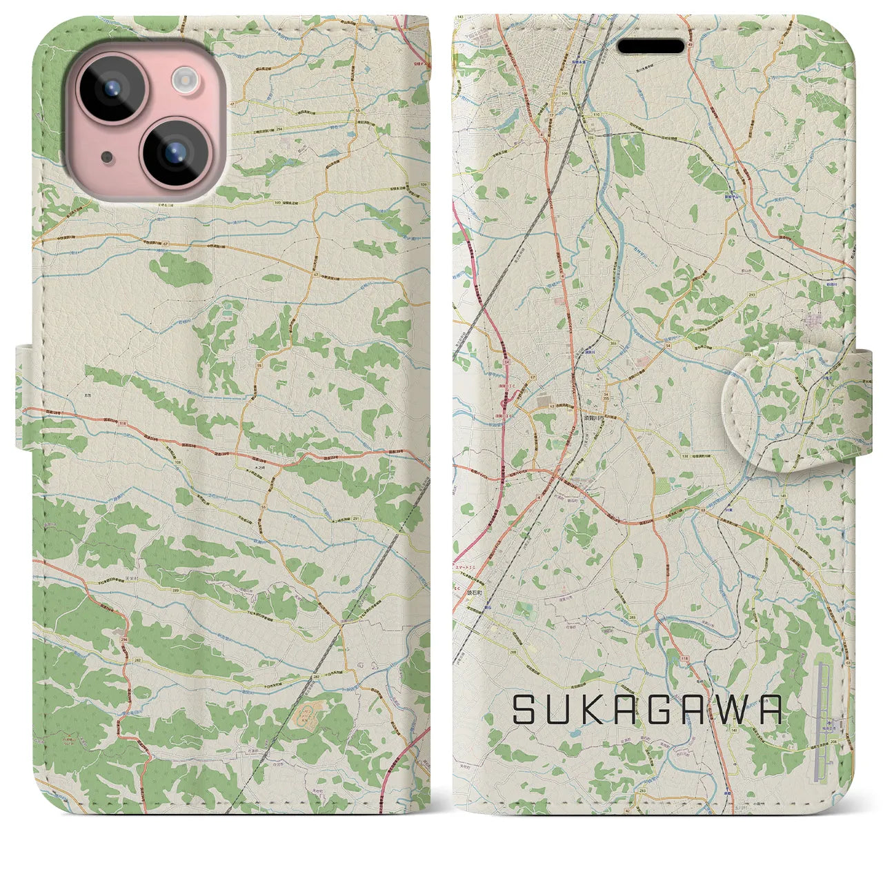 【須賀川(福島県)】地図柄iPhoneケース(手帳タイプ)ナチュラル・iPhone 15 Plus 用