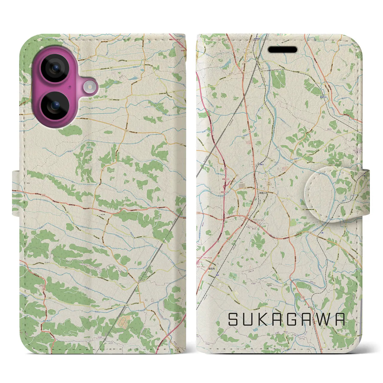 【須賀川(福島県)】地図柄iPhoneケース(手帳タイプ)ナチュラル・iPhone 16 Pro 用