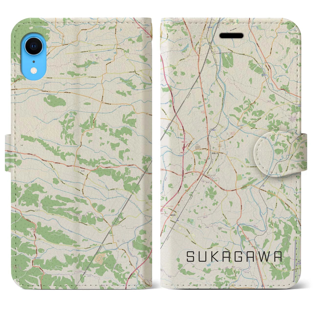 【須賀川(福島県)】地図柄iPhoneケース(手帳タイプ)ナチュラル・iPhone XR 用