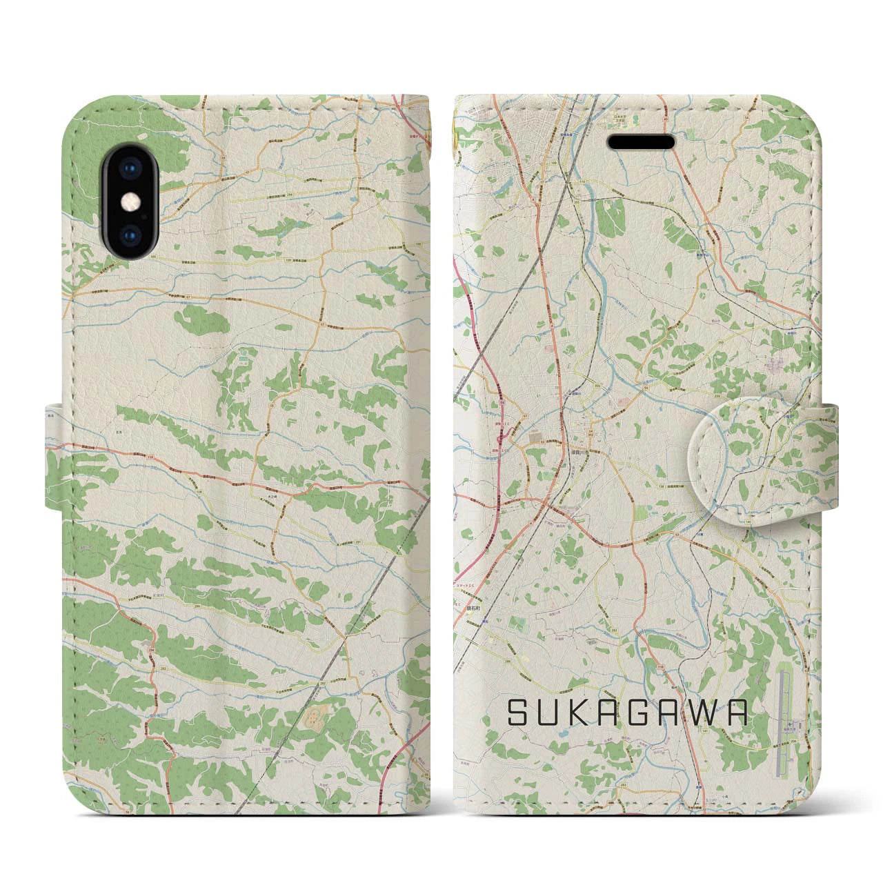 【須賀川(福島県)】地図柄iPhoneケース(手帳タイプ)ナチュラル・iPhone XS / X 用
