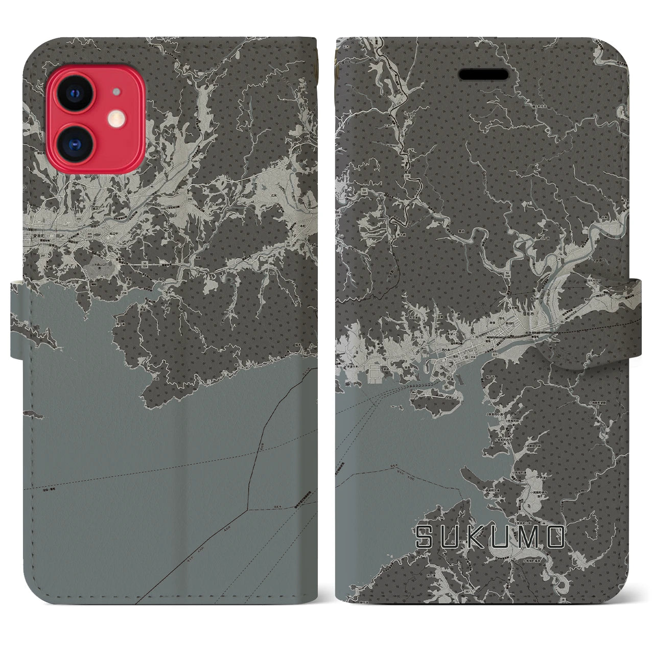 【宿毛(高知県)】地図柄iPhoneケース(手帳タイプ)モノトーン・iPhone 11 用