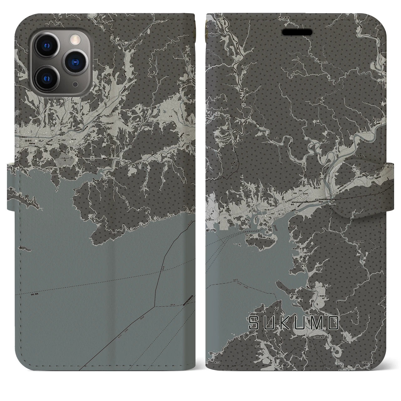 【宿毛(高知県)】地図柄iPhoneケース(手帳タイプ)モノトーン・iPhone 11 Pro Max 用