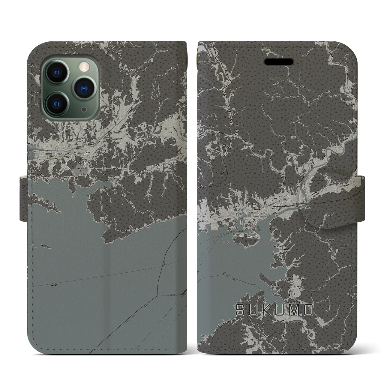 【宿毛(高知県)】地図柄iPhoneケース(手帳タイプ)モノトーン・iPhone 11 Pro 用