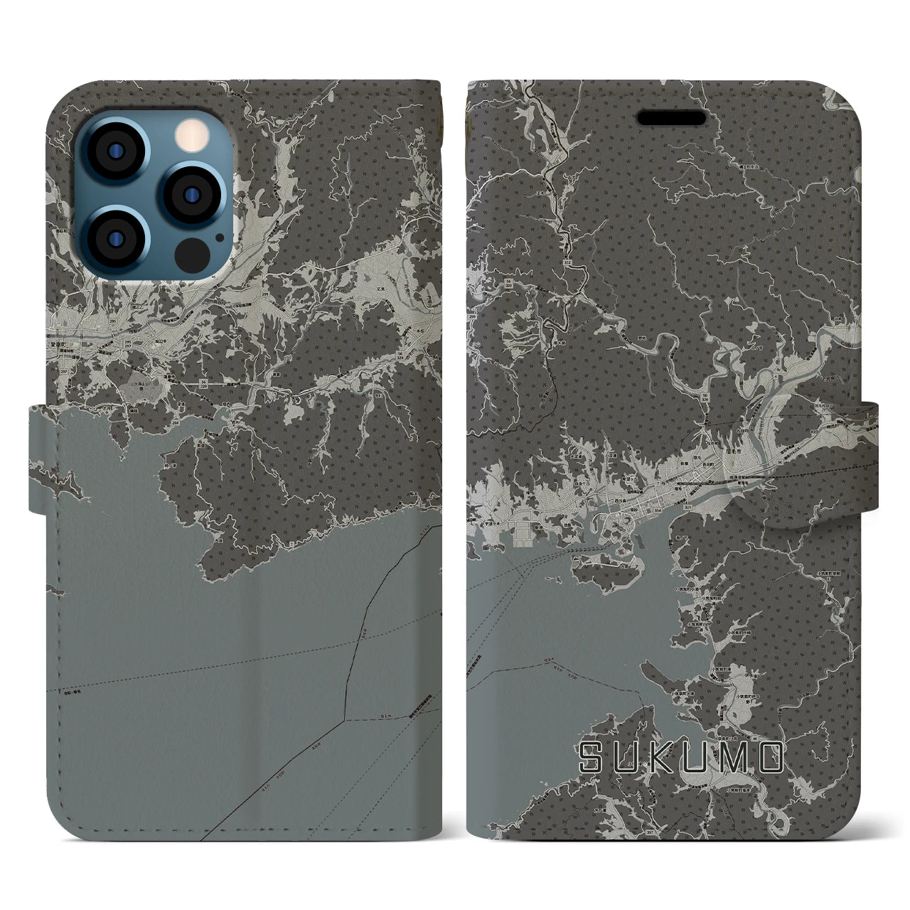【宿毛(高知県)】地図柄iPhoneケース(手帳タイプ)モノトーン・iPhone 12 / 12 Pro 用