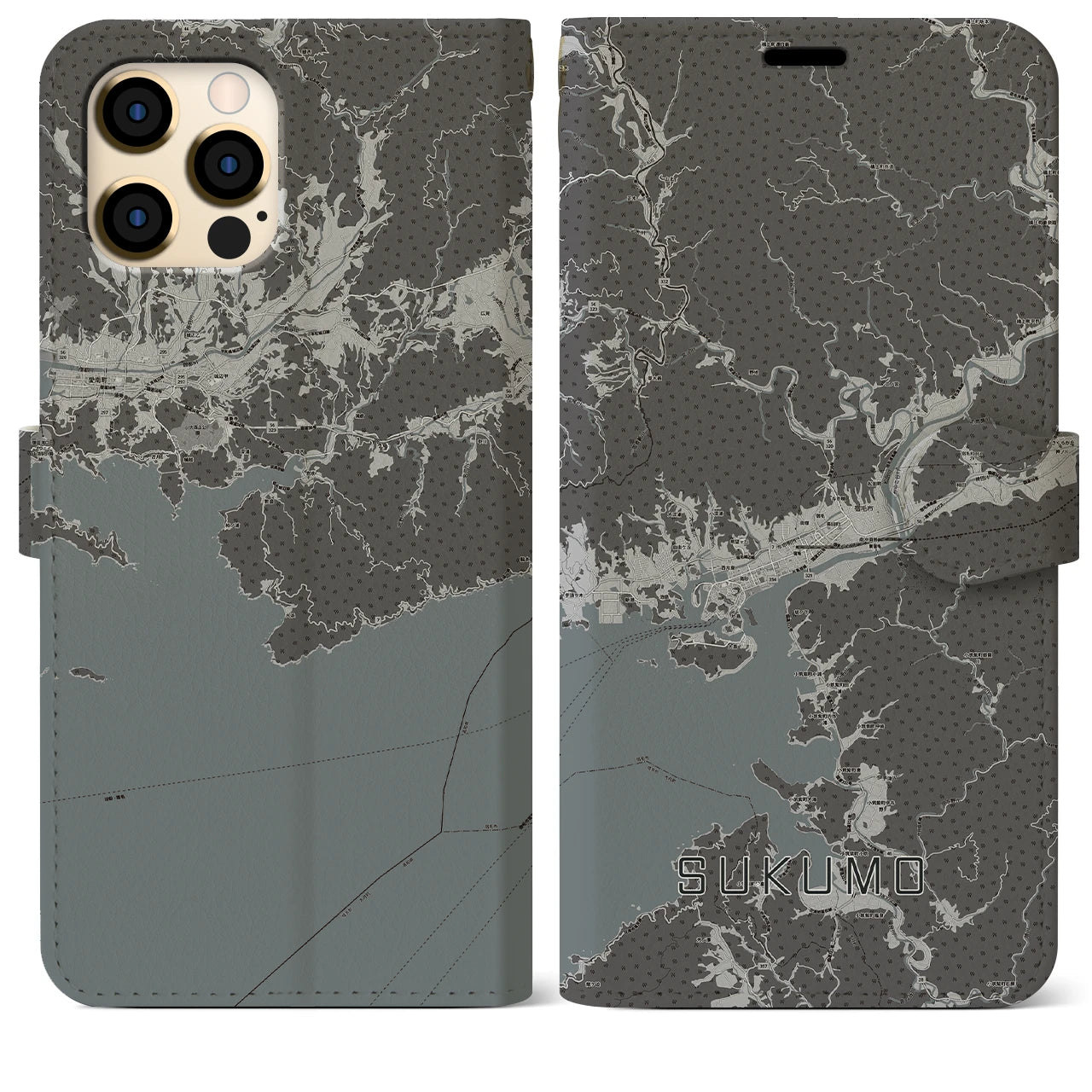 【宿毛(高知県)】地図柄iPhoneケース(手帳タイプ)モノトーン・iPhone 12 Pro Max 用