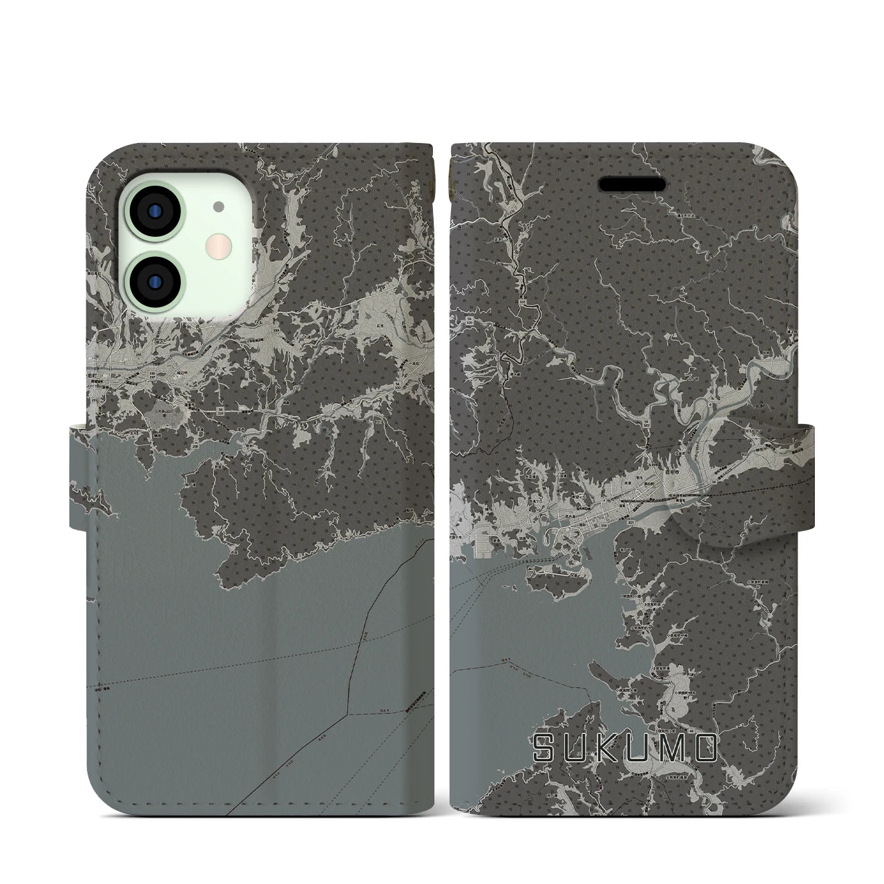 【宿毛(高知県)】地図柄iPhoneケース(手帳タイプ)モノトーン・iPhone 12 mini 用