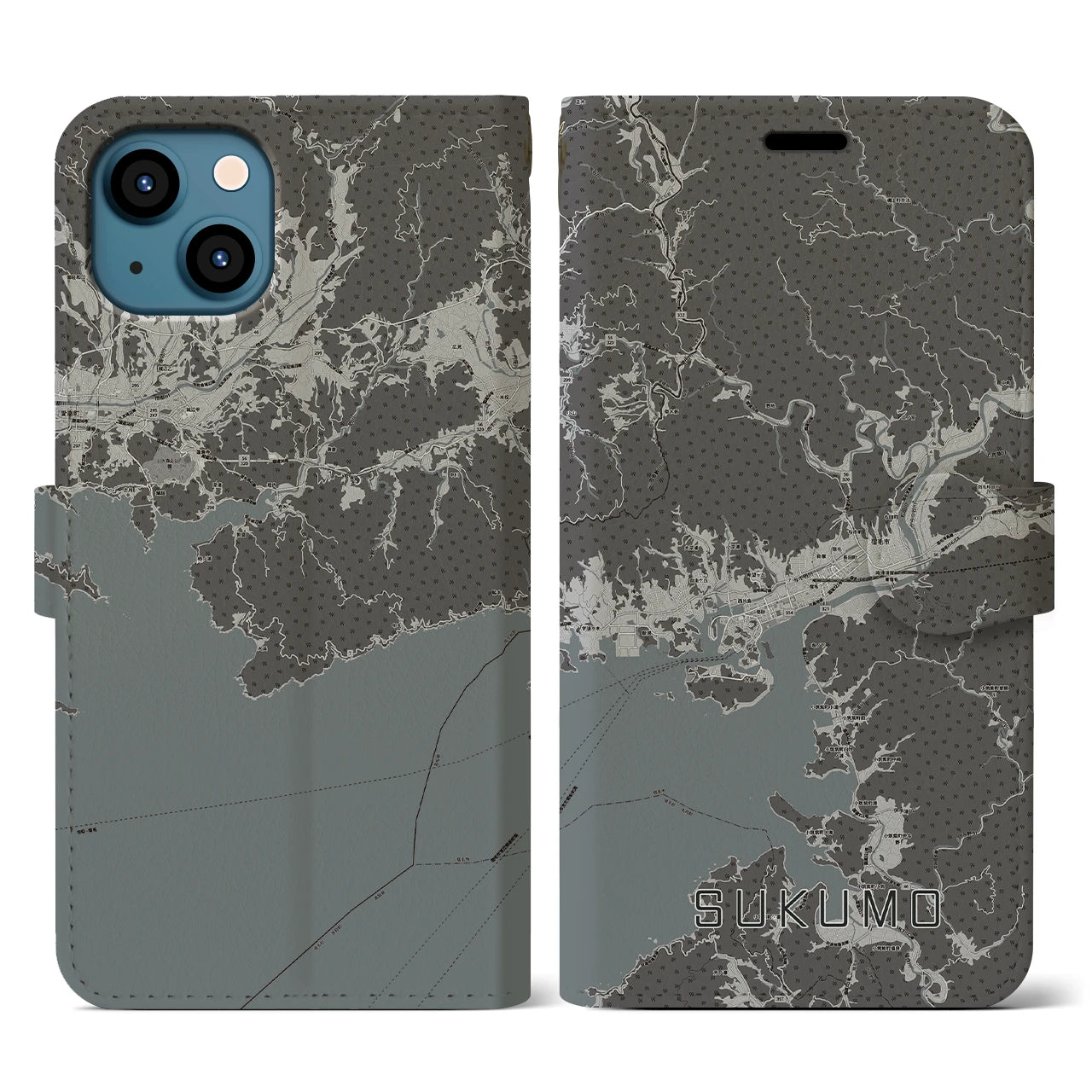 【宿毛(高知県)】地図柄iPhoneケース(手帳タイプ)モノトーン・iPhone 13 用