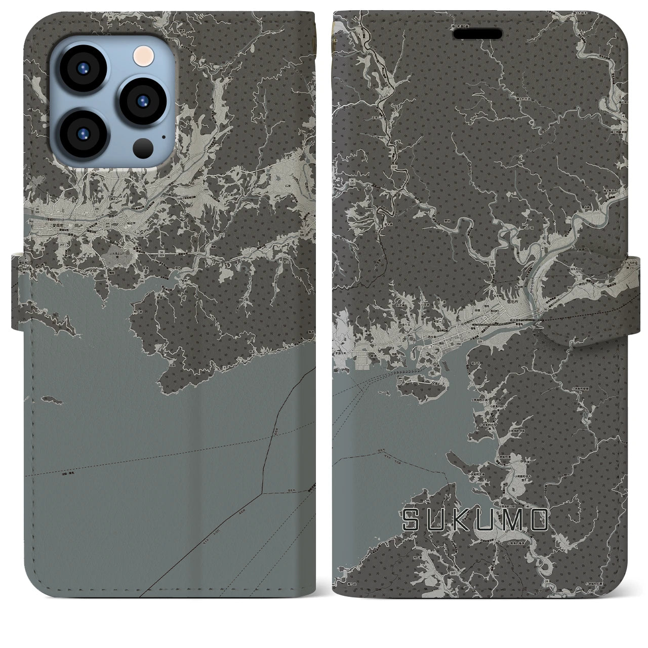 【宿毛(高知県)】地図柄iPhoneケース(手帳タイプ)モノトーン・iPhone 13 Pro Max 用