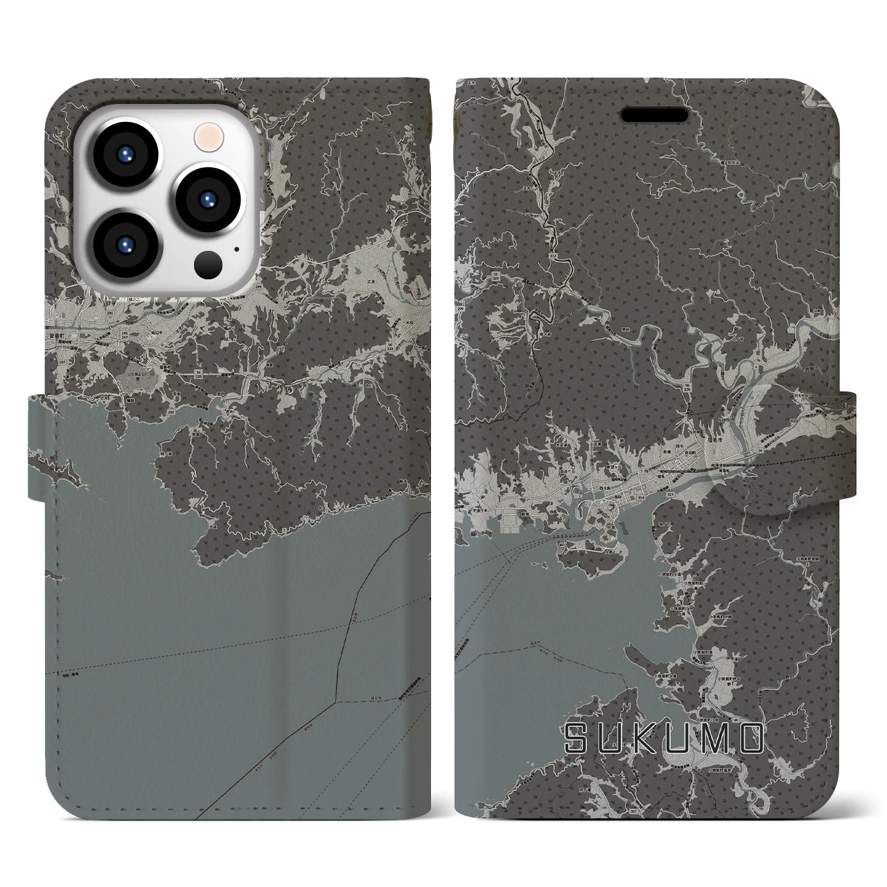 【宿毛(高知県)】地図柄iPhoneケース(手帳タイプ)モノトーン・iPhone 13 Pro 用