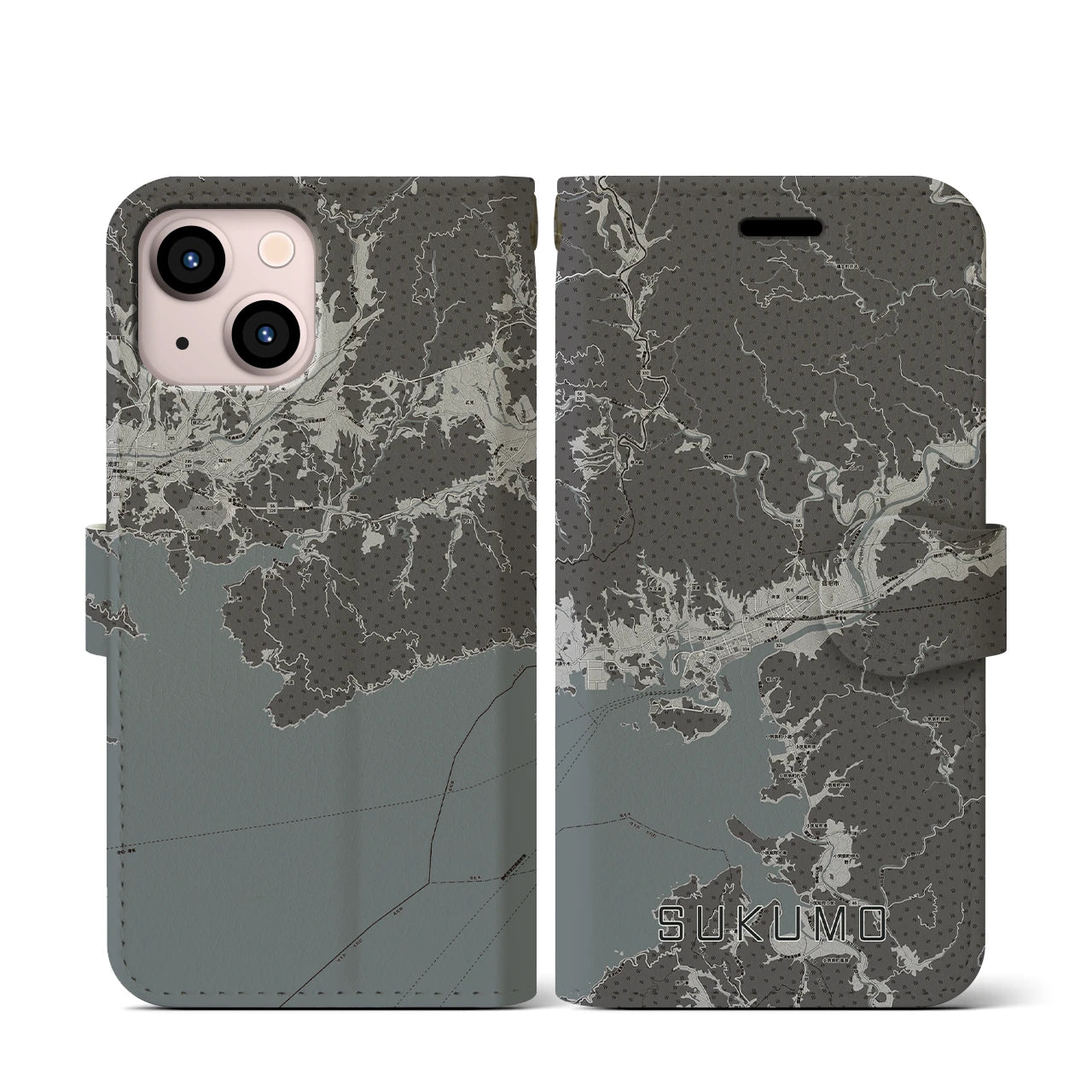 【宿毛(高知県)】地図柄iPhoneケース(手帳タイプ)モノトーン・iPhone 13 mini 用