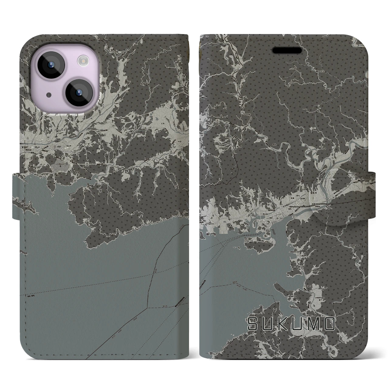 【宿毛(高知県)】地図柄iPhoneケース(手帳タイプ)モノトーン・iPhone 14 用