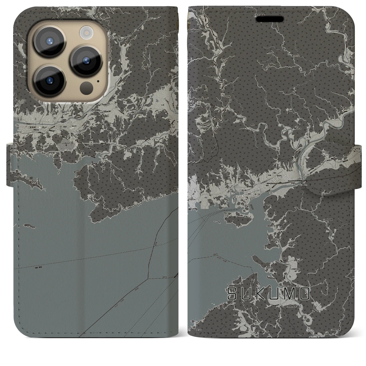 【宿毛(高知県)】地図柄iPhoneケース(手帳タイプ)モノトーン・iPhone 14 Pro Max 用