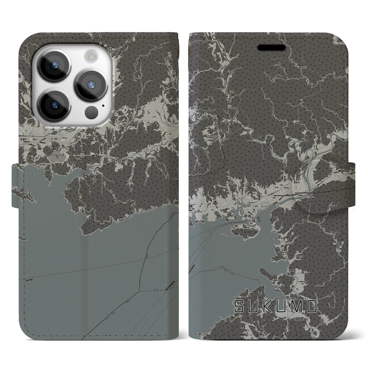 【宿毛(高知県)】地図柄iPhoneケース(手帳タイプ)モノトーン・iPhone 14 Pro 用