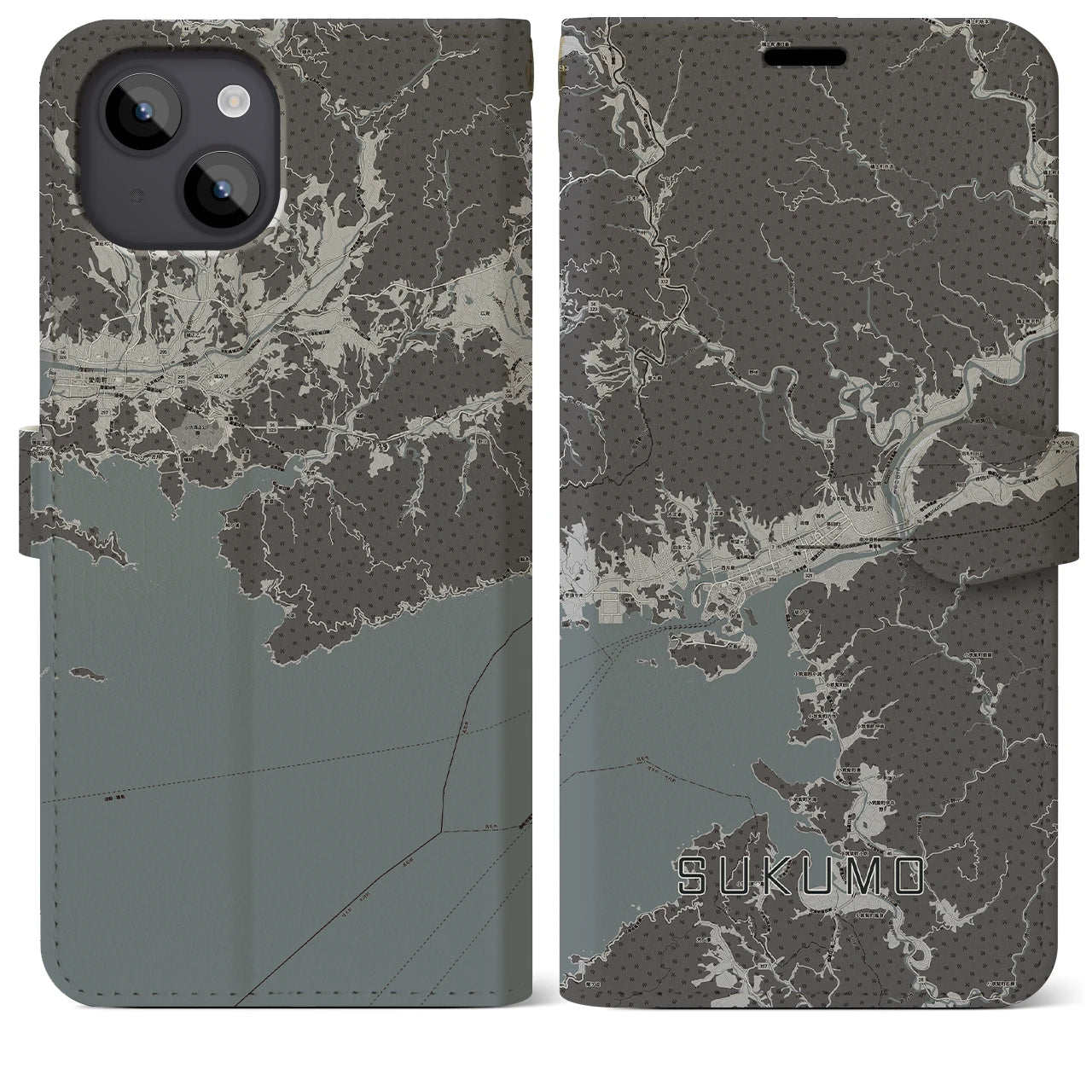 【宿毛(高知県)】地図柄iPhoneケース(手帳タイプ)モノトーン・iPhone 14 Plus 用