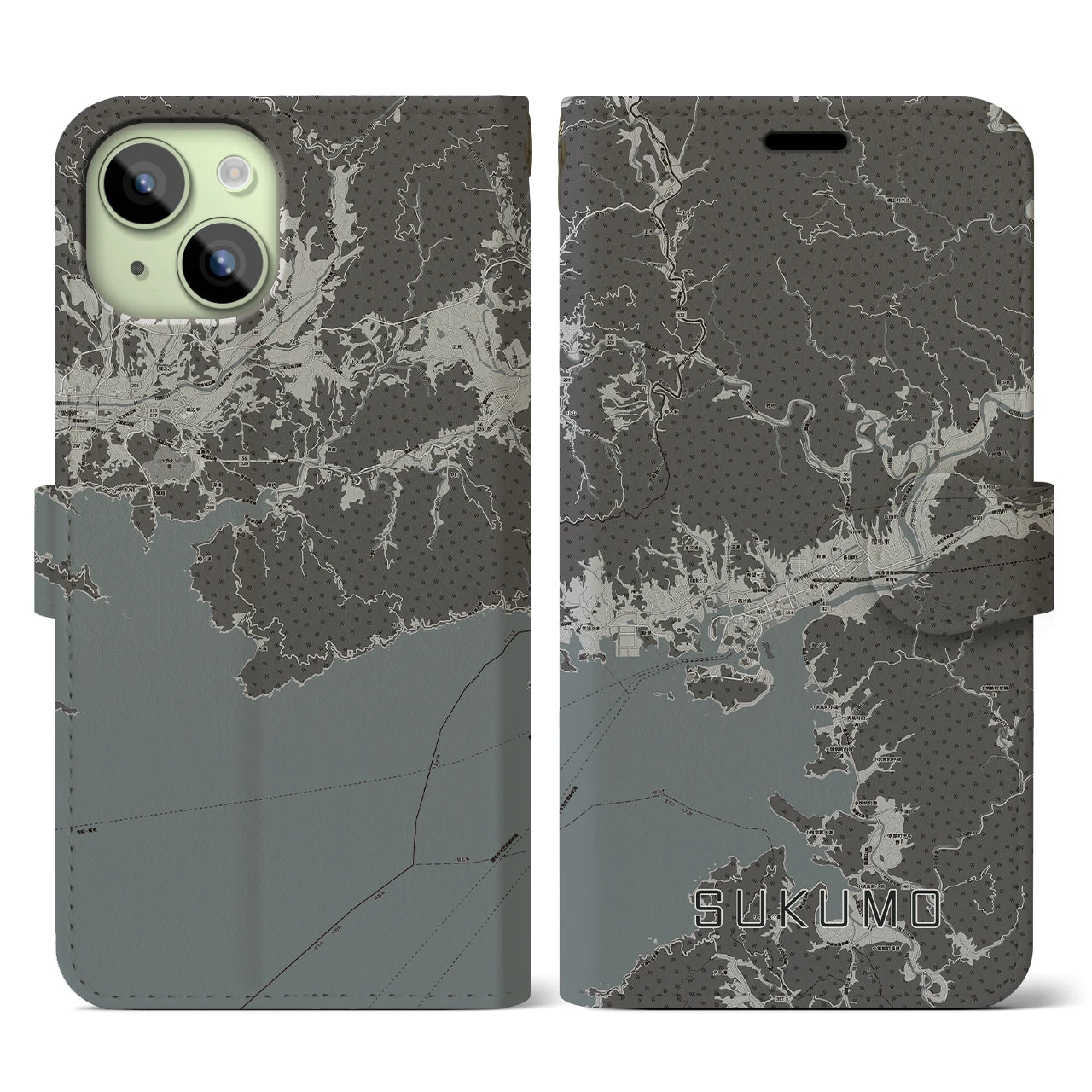 【宿毛(高知県)】地図柄iPhoneケース(手帳タイプ)モノトーン・iPhone 15 用