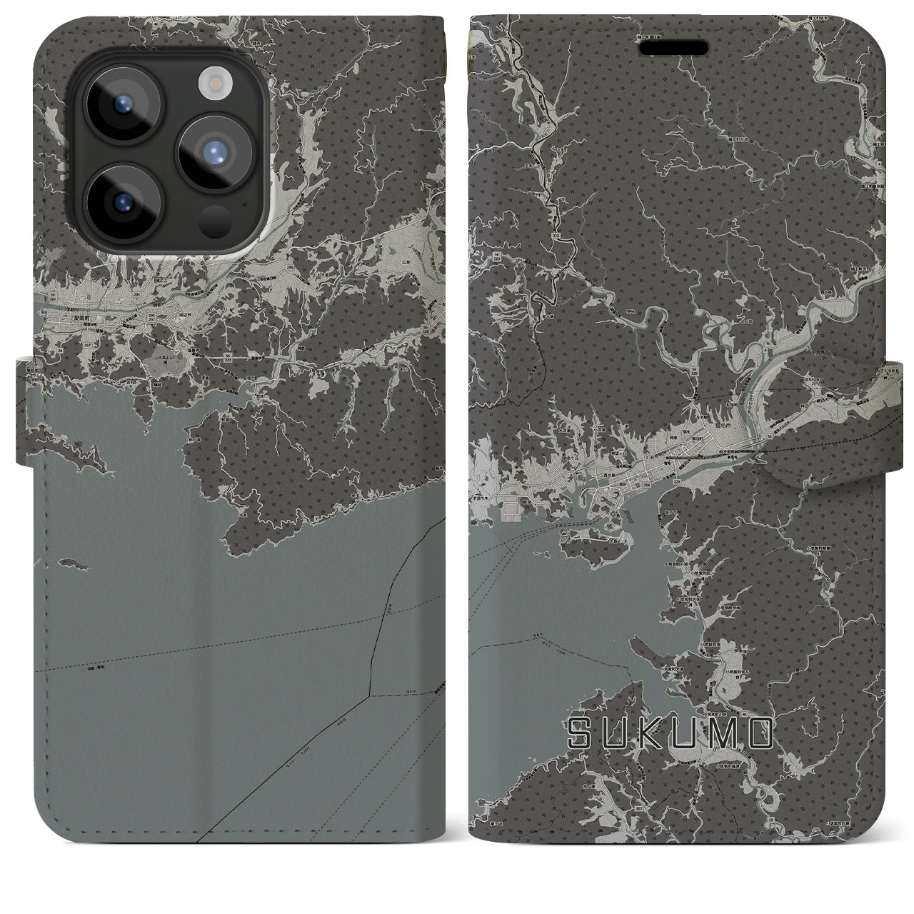 【宿毛(高知県)】地図柄iPhoneケース(手帳タイプ)モノトーン・iPhone 15 Pro Max 用