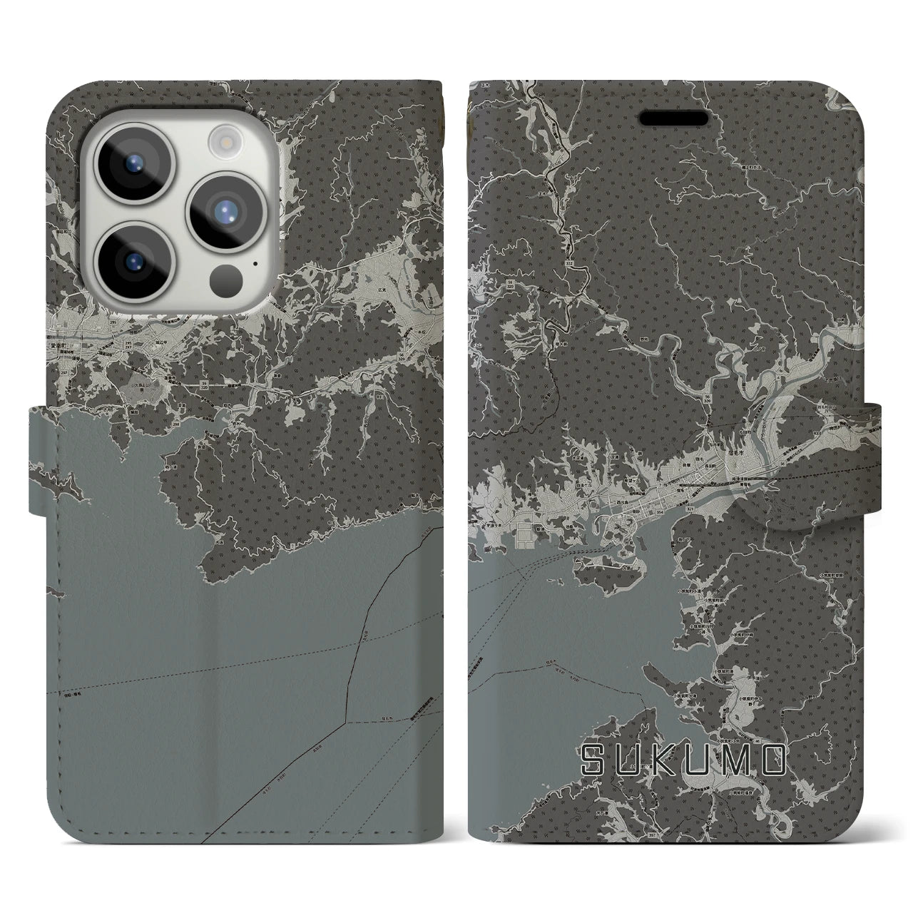 【宿毛(高知県)】地図柄iPhoneケース(手帳タイプ)モノトーン・iPhone 15 Pro 用