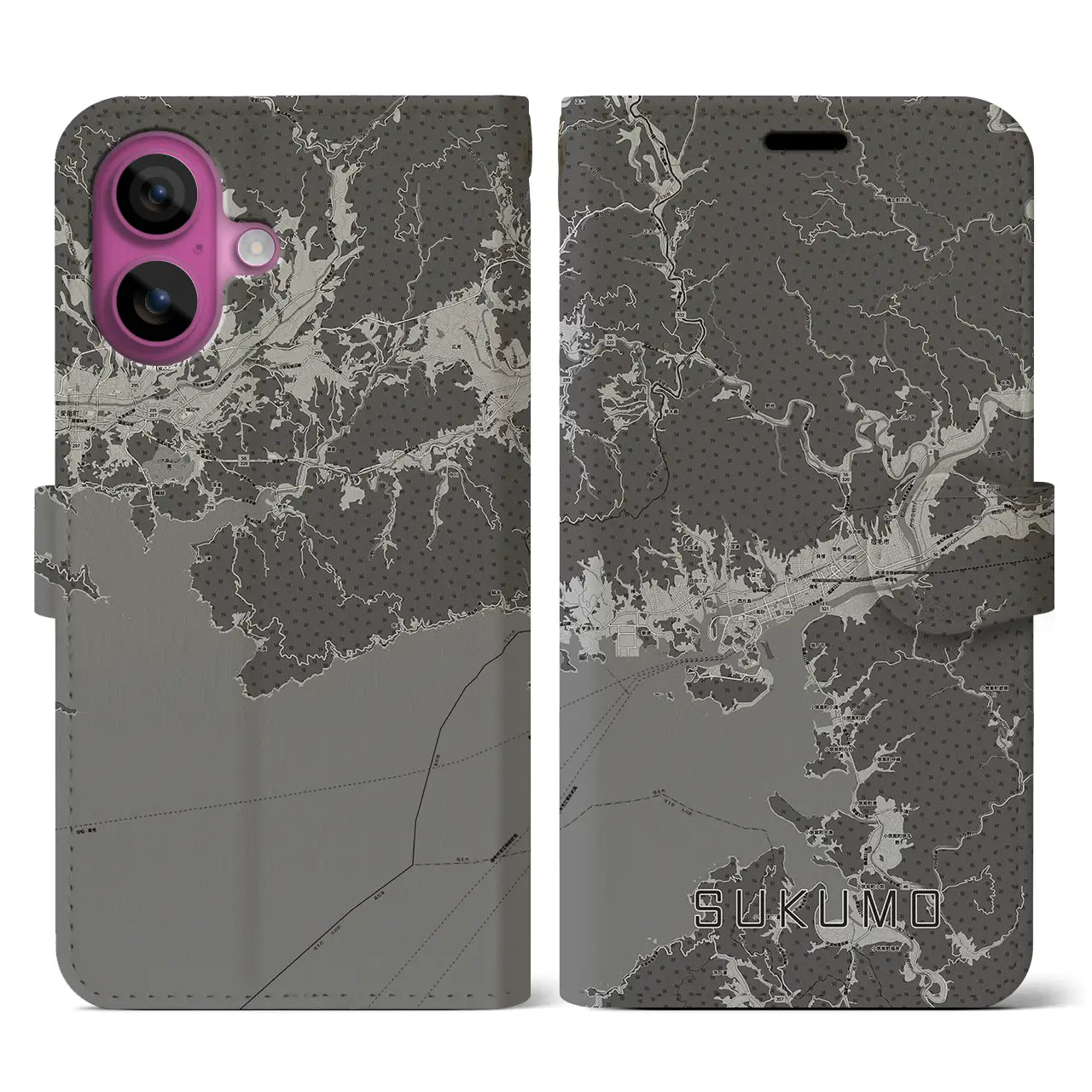 【宿毛(高知県)】地図柄iPhoneケース(手帳タイプ)モノトーン・iPhone 16 Pro 用