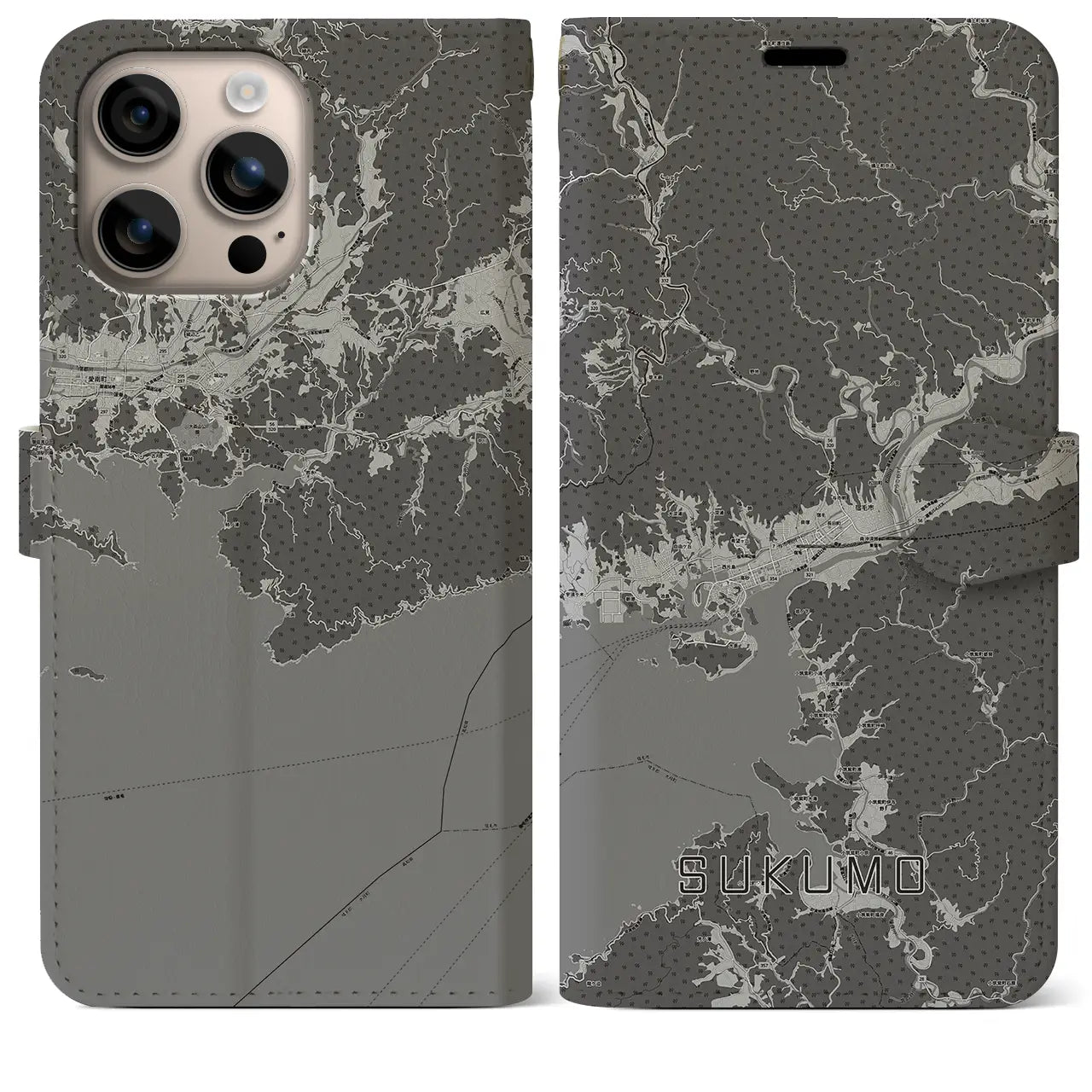 【宿毛(高知県)】地図柄iPhoneケース(手帳タイプ)モノトーン・iPhone 16 Plus 用
