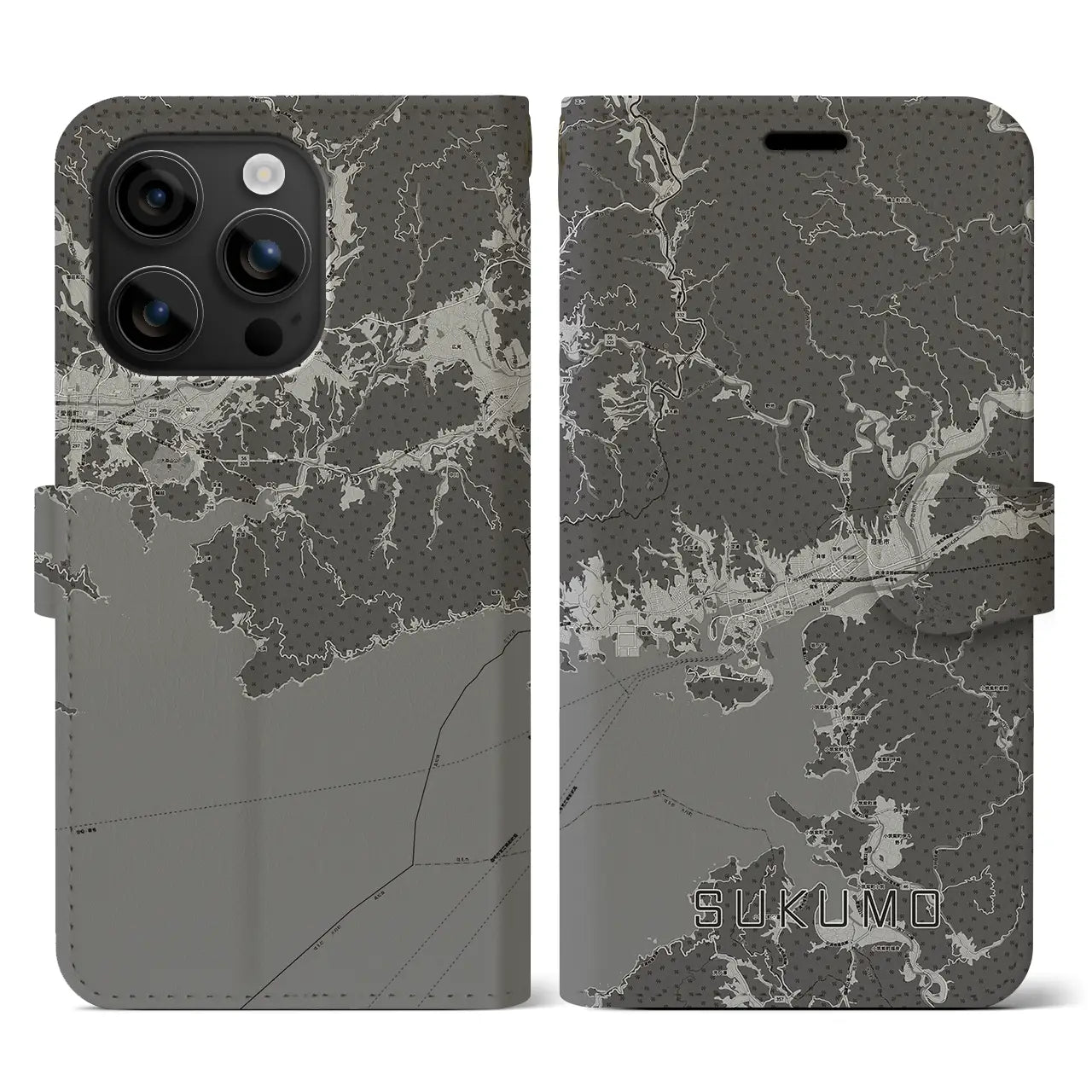【宿毛(高知県)】地図柄iPhoneケース(手帳タイプ)モノトーン・iPhone 16 用