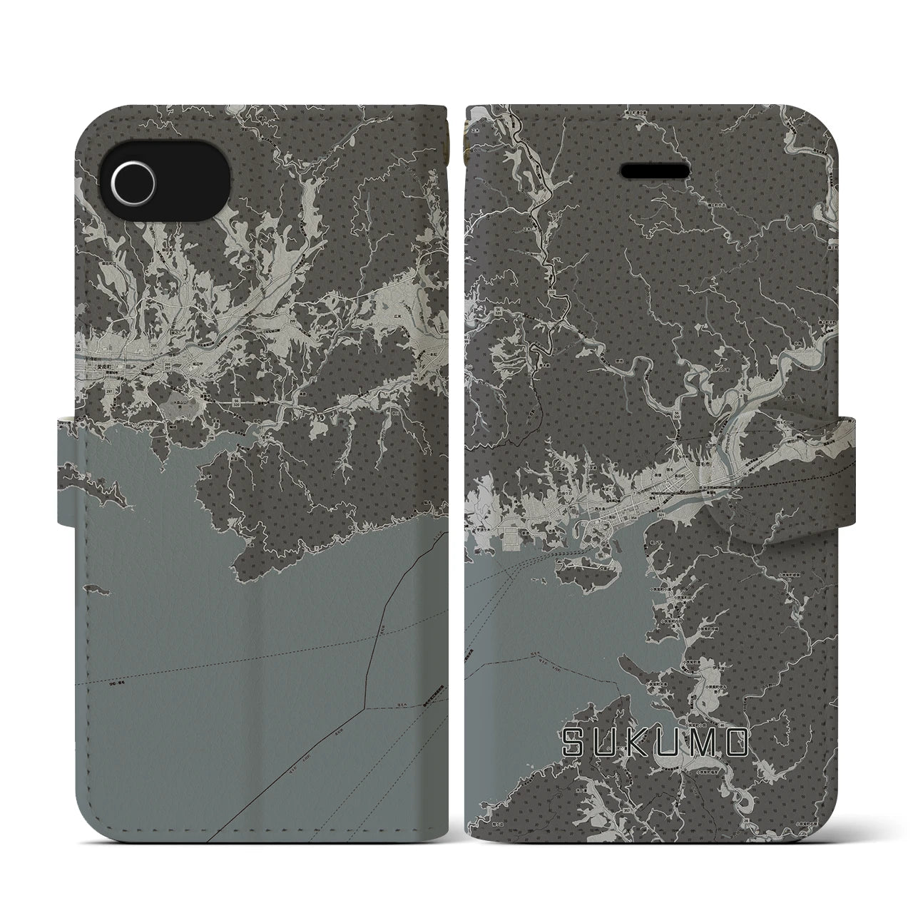 【宿毛(高知県)】地図柄iPhoneケース(手帳タイプ)モノトーン・iPhone SE(第3 / 第2世代) / 8 / 7 / 6s / 6 用
