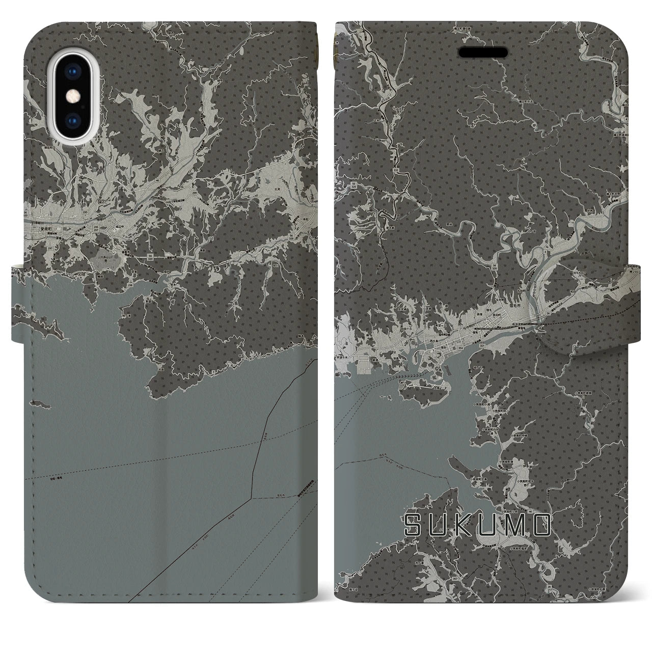 【宿毛(高知県)】地図柄iPhoneケース(手帳タイプ)モノトーン・iPhone XS Max 用