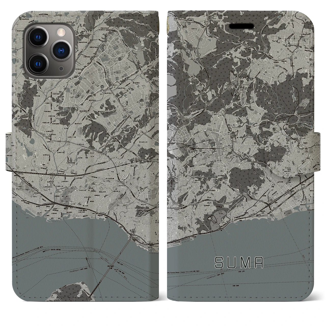 【須磨(兵庫県)】地図柄iPhoneケース(手帳タイプ)モノトーン・iPhone 11 Pro Max 用