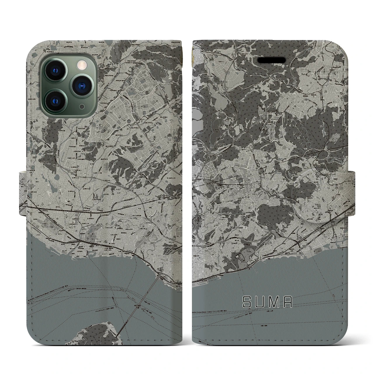 【須磨(兵庫県)】地図柄iPhoneケース(手帳タイプ)モノトーン・iPhone 11 Pro 用