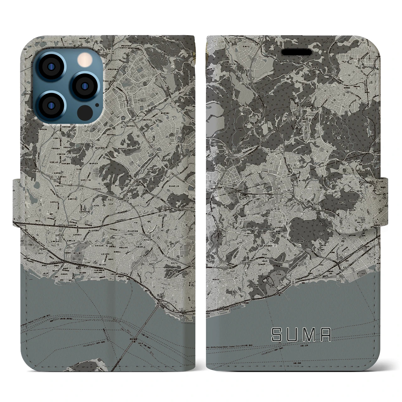 【須磨(兵庫県)】地図柄iPhoneケース(手帳タイプ)モノトーン・iPhone 12 / 12 Pro 用