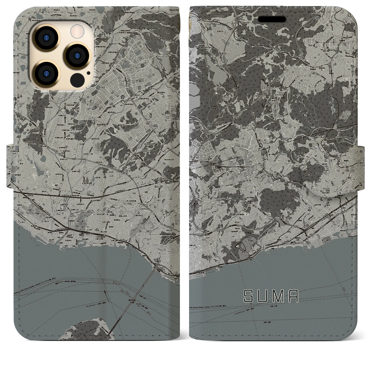 【須磨(兵庫県)】地図柄iPhoneケース(手帳タイプ)モノトーン・iPhone 12 Pro Max 用