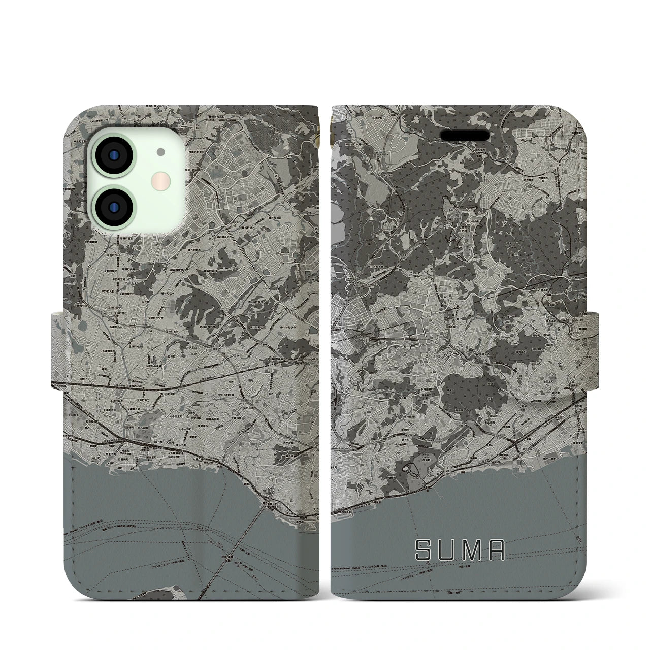 【須磨(兵庫県)】地図柄iPhoneケース(手帳タイプ)モノトーン・iPhone 12 mini 用