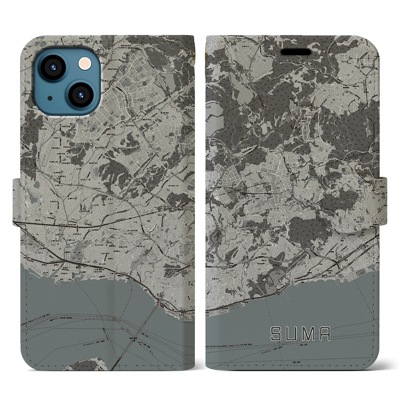 【須磨(兵庫県)】地図柄iPhoneケース(手帳タイプ)モノトーン・iPhone 13 用
