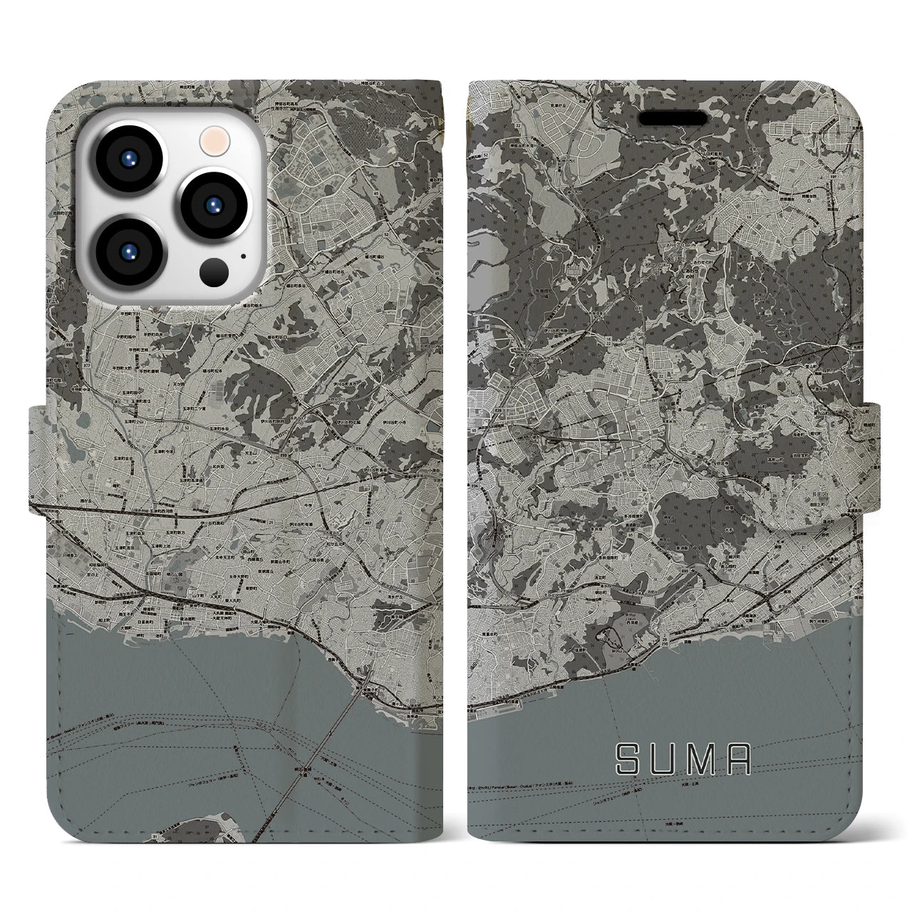 【須磨(兵庫県)】地図柄iPhoneケース(手帳タイプ)モノトーン・iPhone 13 Pro 用
