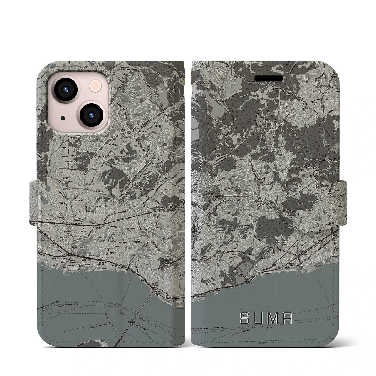 【須磨(兵庫県)】地図柄iPhoneケース(手帳タイプ)モノトーン・iPhone 13 mini 用