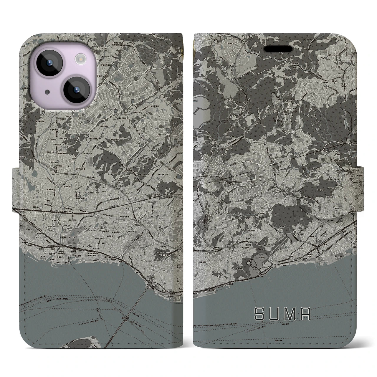 【須磨(兵庫県)】地図柄iPhoneケース(手帳タイプ)モノトーン・iPhone 14 用